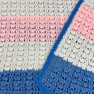 VINTAGE Hand Crocheted Baby Blanket Handmade Heirloom Afghan 30x46” Pink Blue